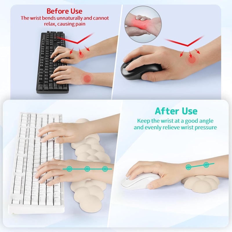 Sushret Cloud Wrist Rest for Keyboard and Mouse, Memory Foam PU Leather Keyboard Wrist Rest with Ergonomic Support, Non-Slip Base, Cute Arm Rest Pad & Palm Cushion, Office Desk Accessory, Beige - Image 3